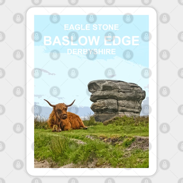 Baslow Edge Derbyshire Peak District. Highland Cattle Eagle Stone. Travel location poster Sticker by BarbaraGlebska